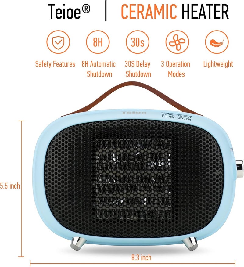 Teioe Space Heater, Mini Electric Space Heater 800W/400W, Small PTC Ceramic Heater with Tip-Over and Overheat Protection, 3 Operating Modes, Space Heaters for Indoor, Office, Bedroom(Sky Blue) - Image 2